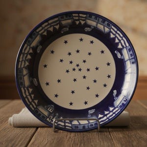 Bolesławiec Pools aardewerk Winteravond saladebord, vintage blauw/wit steengoed, vervangend seizoensservies