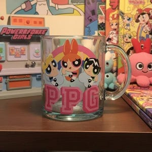 Niebieski szklany kubek z Powerpuff Girls, kubek z postacią z kreskówki w stylu vintage, zapasowe naczynie do picia, srebrny bawoł