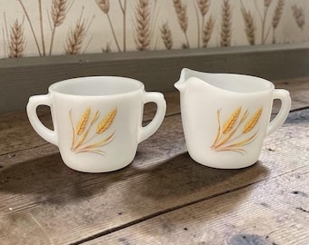 Anchor Hocking Fire King Milk Glass Creamer & Sugar Bowl, Vintage Wheat Pattern, Replacement Tableware
