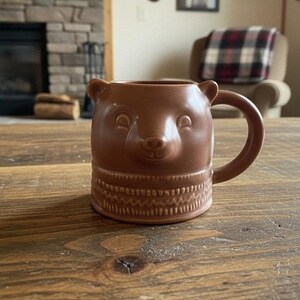 May include: A brown ceramic mug shaped like a bear's head, with a handle on the side. The mug has a detailed design around the base and is sitting on a wooden surface. The mug is a warm brown color.