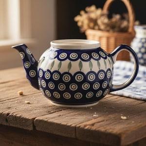 Boleslawiec Polish Pottery Peacock Teapot, No Lid, Vintage Hand Painted Stoneware, Replacement Tableware