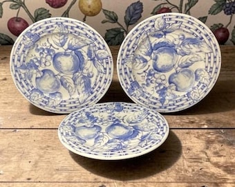 Pier 1 ブルーフルーツ柄サラダプレート 3枚セット、ヴィンテージ手描き陶器