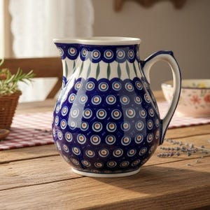 Boleslawiec Polish Pottery Peacock Pitcher, Vintage Handmade Stoneware, Ceramic Serving Jug, Replacement Tableware