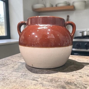 Bohnentopf im Boston-Stil mit zwei Henkeln, Vintage-Keramik in Hellbraun, Ersatzteil für rustikale Landhausküche