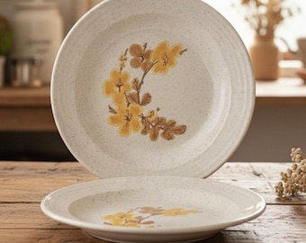 Homer Laughlin Keramikteller mit gelbem Blumenmuster, braune Brotteller