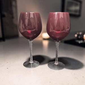 Ruby Red Balloon Wine Glasses, Set of 2, Twisted Stem. Venetian Style Oversized Stemware