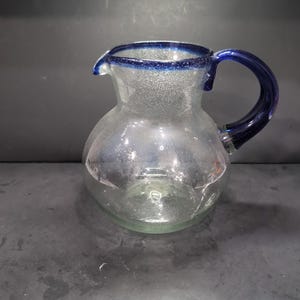 Mexican Hand Blown Glass Pitcher, Cobalt Blue Rim, Handle Design, 160oz Bubble Pitcher, Tableware, Unique Gift