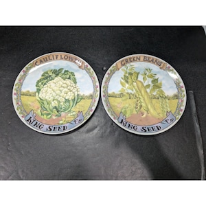 Baum Brothers Formalities King Seed Plates, Vintage Green Beans & Cauliflower Design, Ceramic Kitchen Decor
