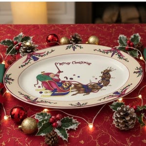 Può includere: Un piatto da portata ovale in ceramica con centro color crema e bordo caratterizzato da un motivo ripetitivo di agrifoglio e nastri. Il centro mostra un'illustrazione colorata di Babbo Natale su una slitta rossa trainata da renne con il testo Merry Christmas.