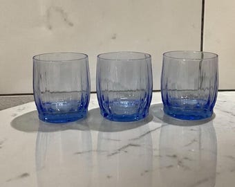 Oneida Valor Blue Juice Glasses, Set of 3, Vintage Pasabahce Ribbed Tumblers, Replacement Drinkware