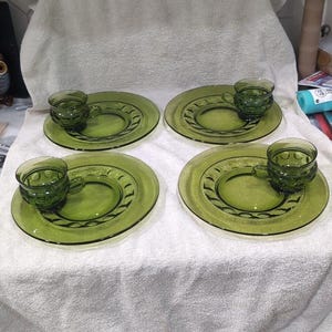 Indiana Glass Kings Crown Thumbprint Avocado Green Coffee & Snack Plate Set, Set of 4, Vintage Glassware