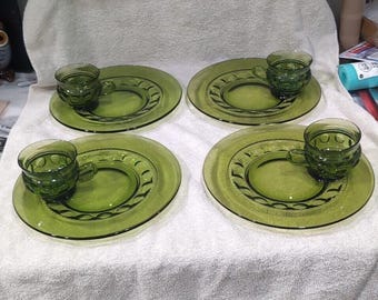 Indiana Glass Kings Crown Thumbprint Avocado Green Coffee & Snack Plate Set, Set of 4, Vintage Glassware
