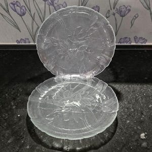 Könnte beinhalten: Zwei klare Glasplatten mit einem Blumendesign, das in die Oberfläche geätzt ist. Die Platten sind rund mit einem gewellten Rand. Die Platten sind übereinander gestapelt, wobei eine leicht geöffnet ist.