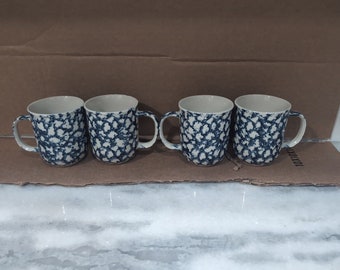 Tienshan Stoneware Blue White Mugs Set of 4, Folk Craft Tea Cups Ceramic, Vintage Kitchen Decor