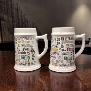 Cheers Around The World Ceramic Steins, Set of 2, Vintage Beer Mugs, Replacement Barware