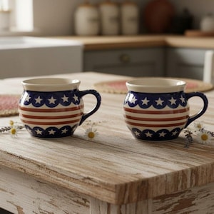 Zestaw 2 kubków Bolesławiec Polish Pottery Stars & Stripes Bubble Mugs, ceramika zabytkowa z kamionki