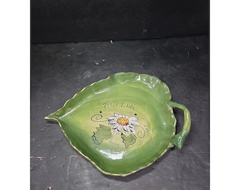 Blue Sky Leaf Shape Tea Light Tray, Green Floral Painted Plate, Vintage Replacement Dish