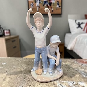Paul Sebastian Boys Baseball Players Figurine, Vintage Little League Ceramic Statue, Multicolor Glossy Centerpiece