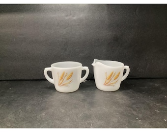 Jarra para crema y azucarero de vidrio opalino Anchor Hocking Fire King, diseño de trigo vintage, vajilla de repuesto