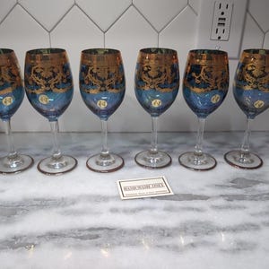 Murano Style Italian Wine Glasses, Gold Accent Glassware, Iridescent Barware, MCM Set Of 6, Blue Wine Glass Set