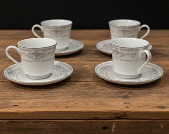 Diane Fine Porcelain China Tea Cups & Saucers, Eight Piece Set, Vintage Floral Dinnerware