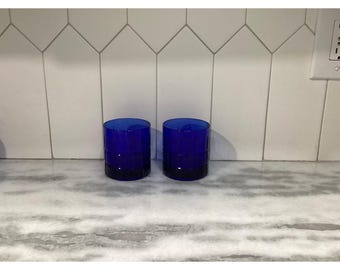 Anchor Hocking Cobalt Blue Tartan Old Fashioned Whiskey Rocks Glasses Set of 2