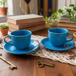 May include: Two bright blue ceramic teacups with matching saucers, each featuring a series of horizontal ridges around the exterior. The cups have curved handles and a smooth, glossy finish, arranged on a crocheted runner with two brass keys.