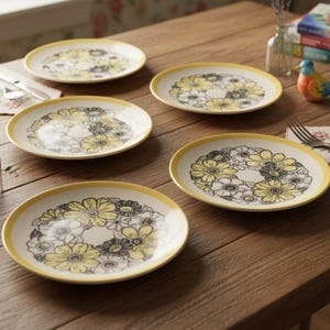 Homer Laughlin Andre Ponche Daisy Salladstallrikar, set om 5, Vintage Decostone porslin, USA