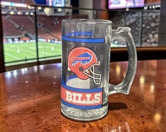 Buffalo Bills bierpul, vintage zware glazen mok, vervangend servies, NFL-logo jaren 90