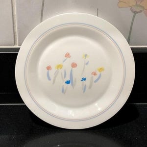 May include: White ceramic plate with a floral design. The plate features a light blue and pink border and a hand-painted design of colorful flowers in red, yellow, and blue. The plate is round and sits on a black surface.