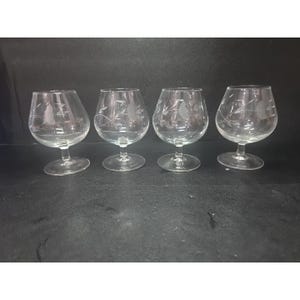 Princess House Heritage Brandy Snifters, Etched Floral Glasses, Vintage Set of 4, Barware, Collectible Drinkware