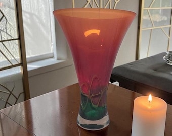 Murano Barbini groenrode kunstglazen vaas, vintage vakantiestuk, vervangende bloemenhouder