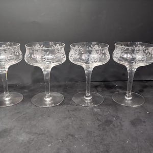 Tiffin-Franciscan Dolores Crystal Glasses, Etched Antique, Set of 4, Tall Sherbet, Champagne Collectible
