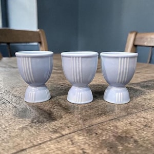 Hankscraft Blue Egg Cups, Set of 3, Vintage Double Sided Ceramic Soft Boiled Egg Holders