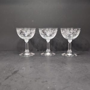 Fostoria Etched Champagne Stemware, Set of 3, 4&quot; Tall Sherbet Glasses, Bouquet Design, Collectible Glassware