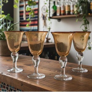 Artland Iris Amber Water Goblets, Set of 4, Vintage Hand Blown Bubble Design Stemware