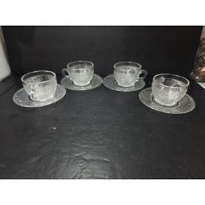 Anchor Hocking Sandwich Pattern Cups & Saucers, Set of 4, Vintage Clear Snack Set, 8 Piece, Elegant Tableware