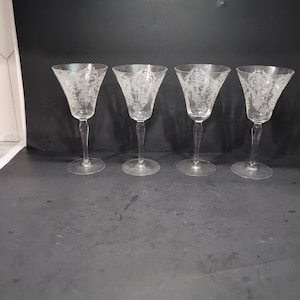 Morgantown Glass Water Goblets, Vintage Etched Chintz Clear Glass, Uranium Set of 4, Elegant Tableware