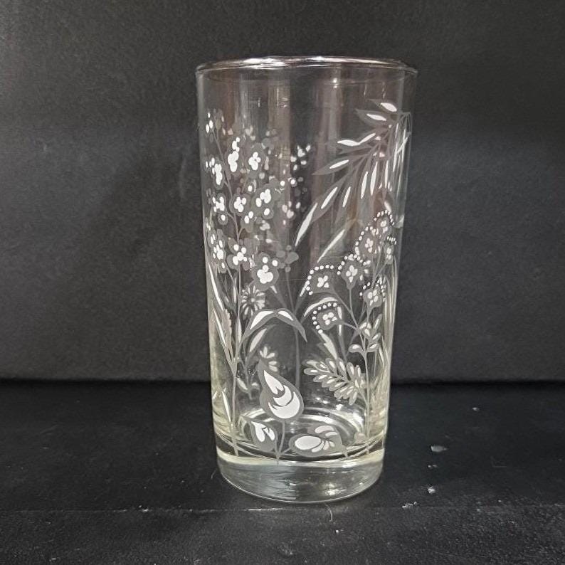 Libbey Etched White Wild Flowers Glass Tumbler, Vintage Silver Rim
