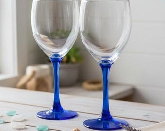 Set Of 2 Libbey Domaine Cobalt Blue Flower Stem Water Wine Glasses