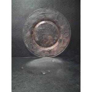Puede incluir: Un plato de vidrio rosa claro con un diseño floral en el borde. El plato tiene un centro ligeramente elevado. El diseño floral incluye hojas y formas de flores. Probablemente para servir alimentos.