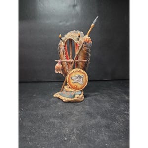 Puede incluir: Una figura detallada que representa elementos culturales nativos americanos. Presenta una lanza, un escudo con un emblema de lobo y un tocado de plumas. La paleta de colores incluye marrones, beiges y toques de rojo y azul.