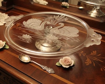 Mikasa Walther-Glas Crystal Cake Platter Stand Etched Swan Design