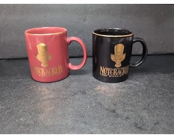 Nutcracker Coffee Cup, Set of 2, Vintage Gold-Accent Holiday Ceramic Mugs, Replacement Drinkware