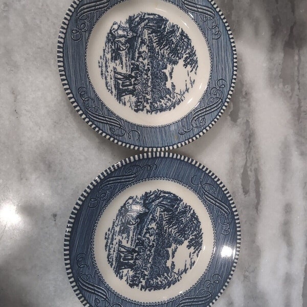 Currier and Ives Bread & Butter Plates Set of 2, Blue White Harvest Time Dishes, Vintage Kitchen Decor