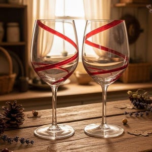 May include: Two clear glass wine glasses, each featuring a single, continuous red glass ribbon spiraling around the bowl. The glasses have a slender stem and a circular base, standing upright on a wooden surface.