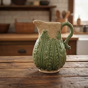 Może przedstawiać: Ceramiczny dzbanek z teksturowaną, kremową górną częścią oraz dolną częścią ozdobioną wypukłymi, zielonymi wzorami przypominającymi liście. Naczynie posiada zakrzywiony, zielony uchwyt oraz szeroki dzióbek o szczegółowym wykończeniu.