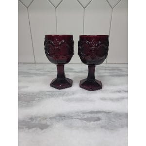 Avon Cape Cod Cranberry Goblets, Set of 2 Ruby Red Wine Glass, 4.5&quot; Small Goblet, Vintage Glass, Collectors&#39; Item