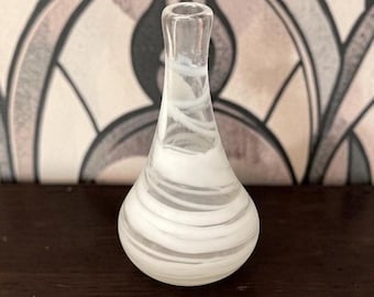 Mid Century Style Weed Vase, White & Clear Swirled Design, Hand Blown Signed Art Glass
