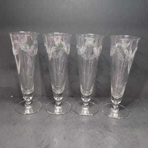 Chintz Etched Pilsner Glasses Set of 4, 10 oz Footed Glasses, Glowing Glassware, Collectible Barware